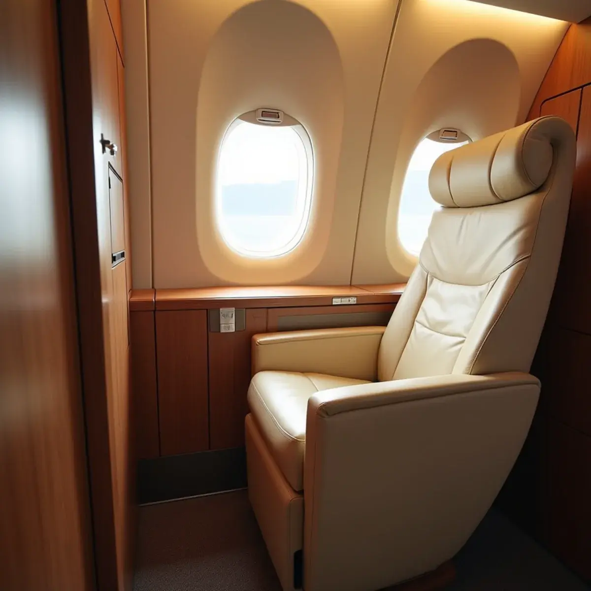 First Class Flight Deals: a first class suite with a closed door, cream leather seat, and a window at cruising altitude