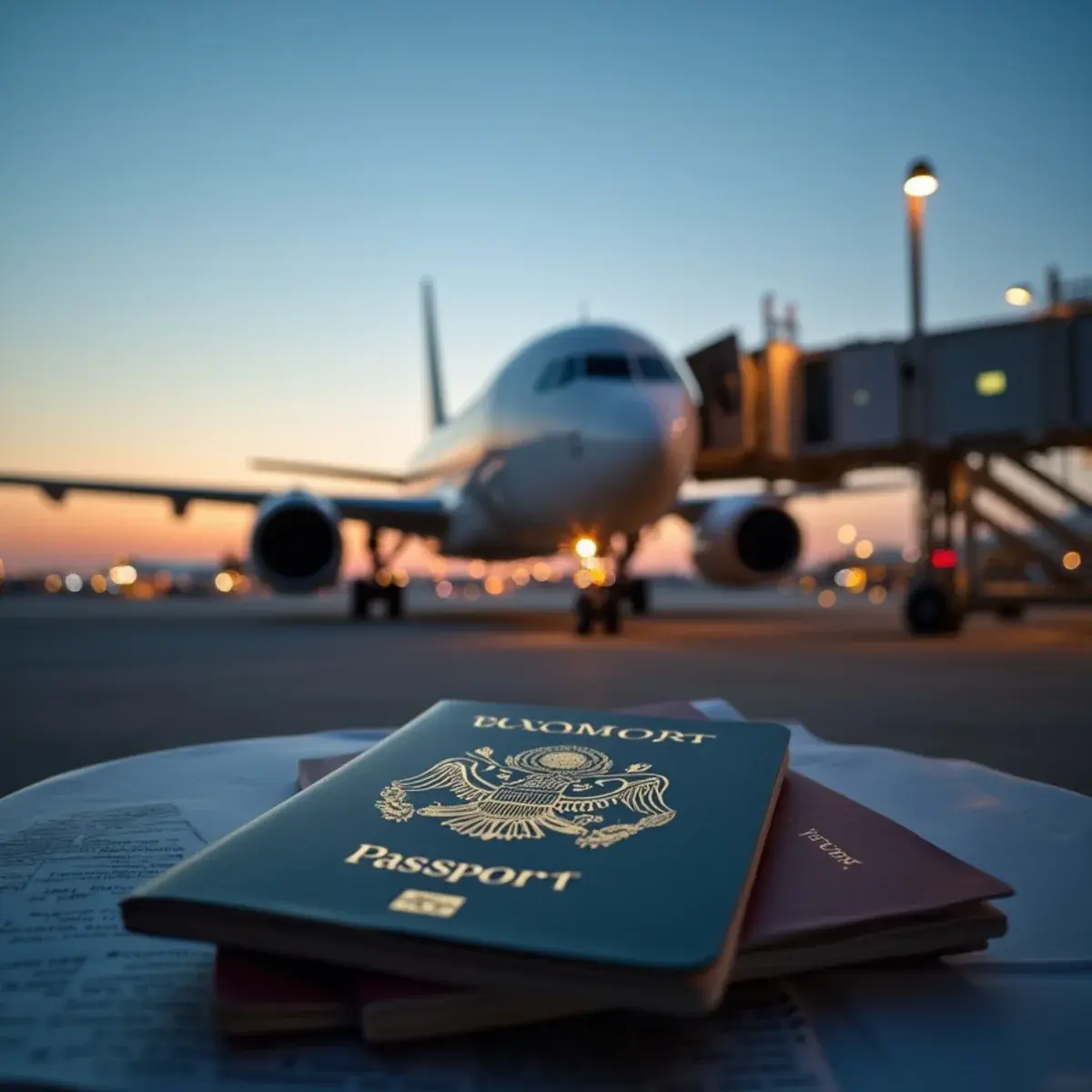 International Flight Deals: a widebody jet at a gate at dusk with a passport and boarding pass in the foreground