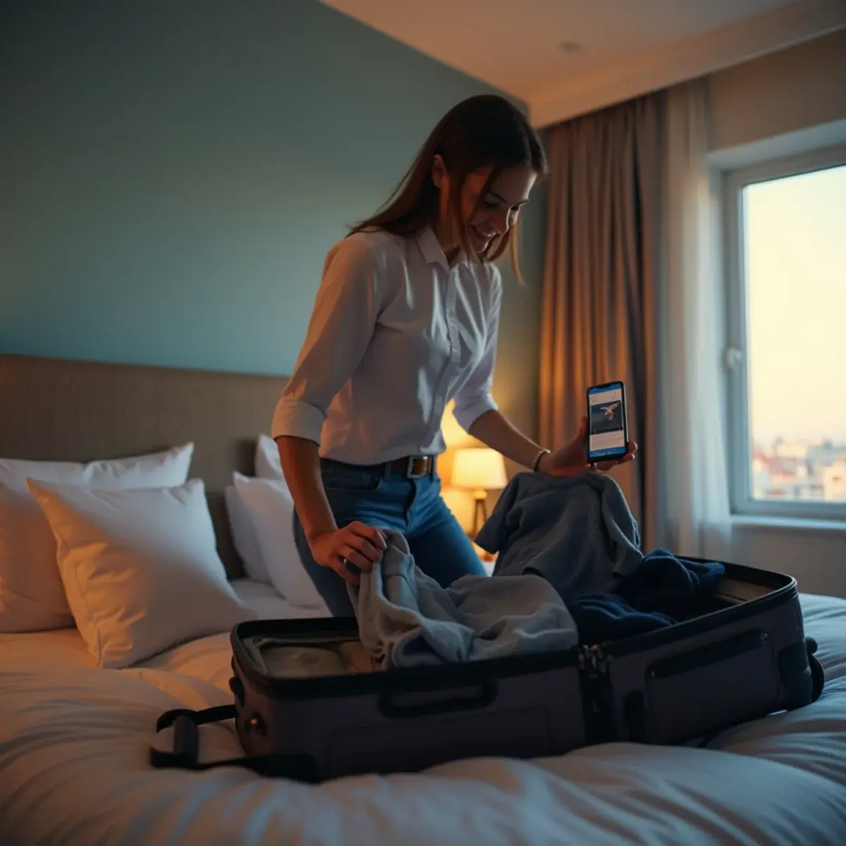 Last-Minute Flight Deals: a traveler tossing clothes into a suitcase on a bed with a phone showing a flight time, evening