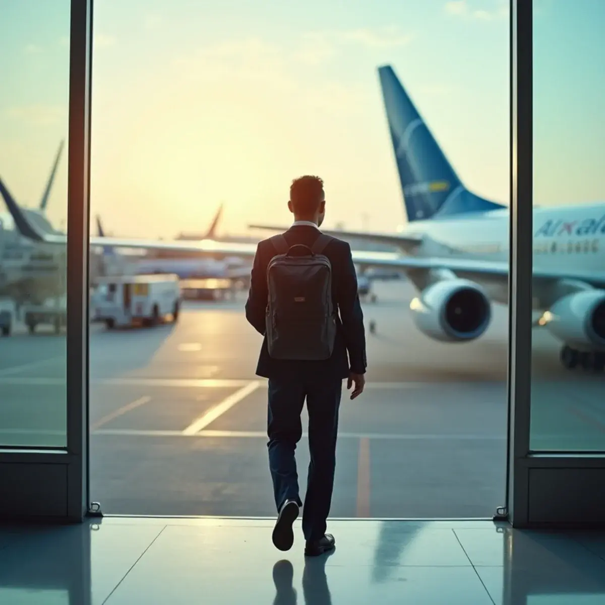 Cheap One-Way Flights: a single traveler with a backpack walking toward a jet bridge, one-way, morning light