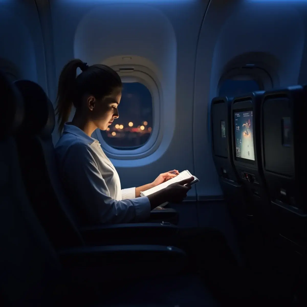 Red-Eye and Overnight Flight Deals: a dim airplane cabin at night with a reading light on and a window showing city lights below