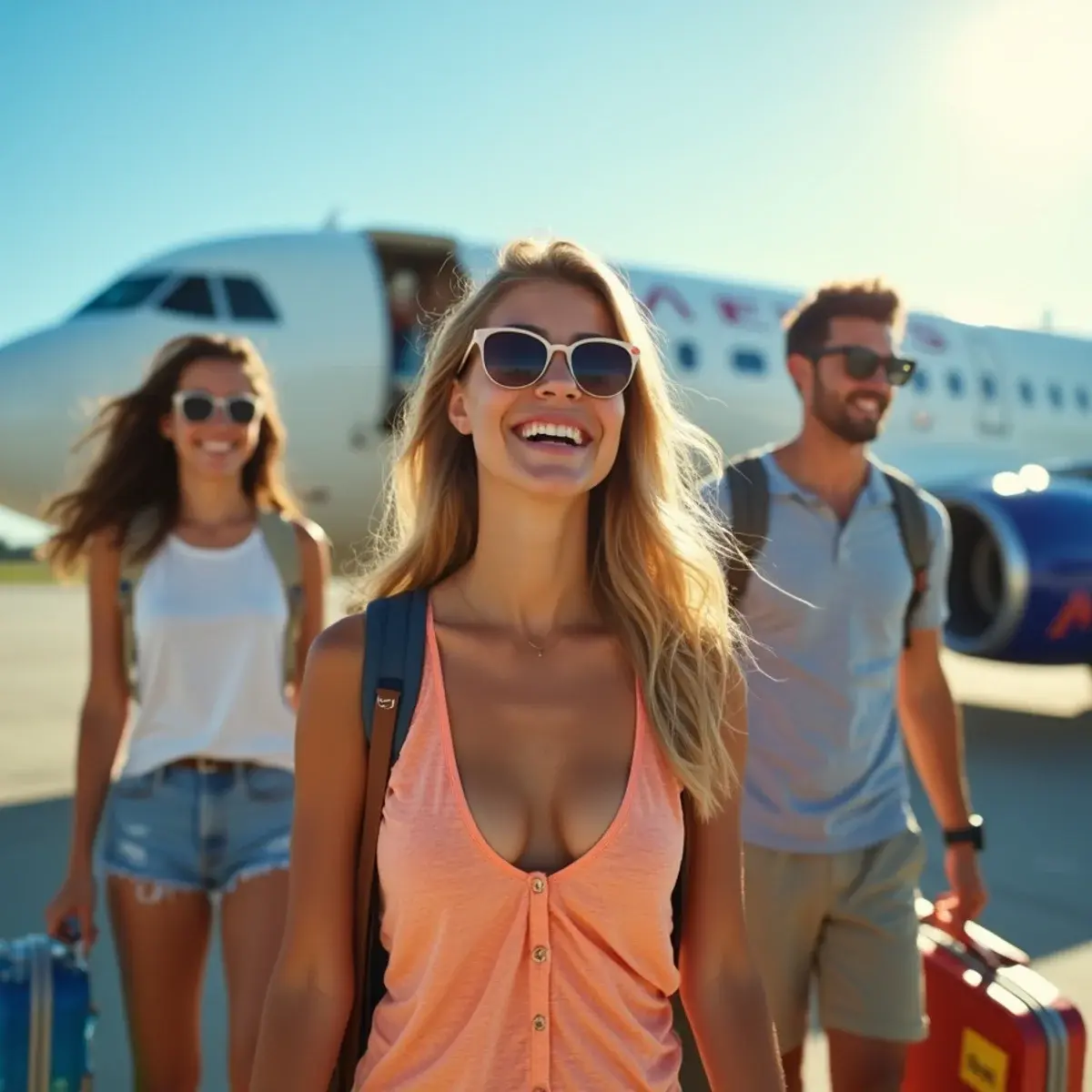 Spring Break Flights: students in sunglasses with beach bags boarding a plane on a bright morning
