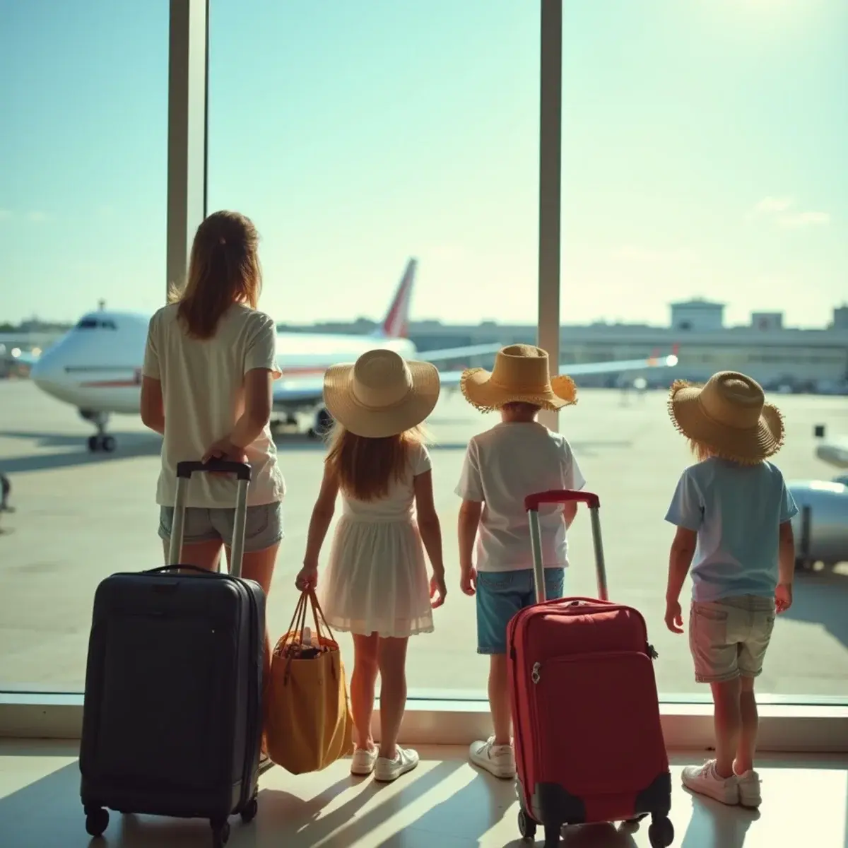 Summer Flight Deals: a family with sun hats and rolling bags at an airport window watching a plane, summer light