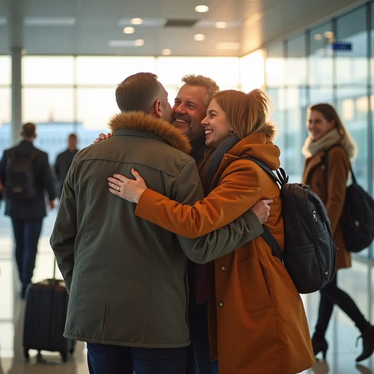 Thanksgiving Flights: a family greeting relatives at an airport arrivals hall in autumn coats, hugging