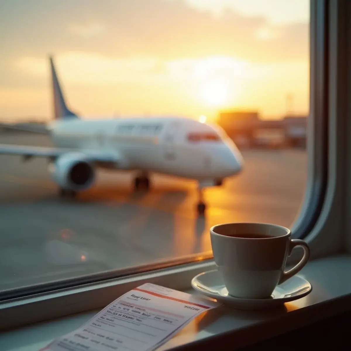 Flights Under $199: a boarding pass and a coffee on an airport windowsill with a regional jet outside at sunrise