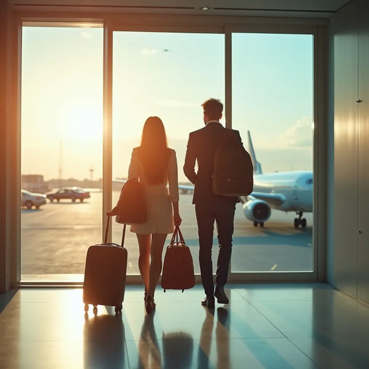 Weekend Flight Deals: a couple with weekend bags stepping out of an airport into a sunny city street