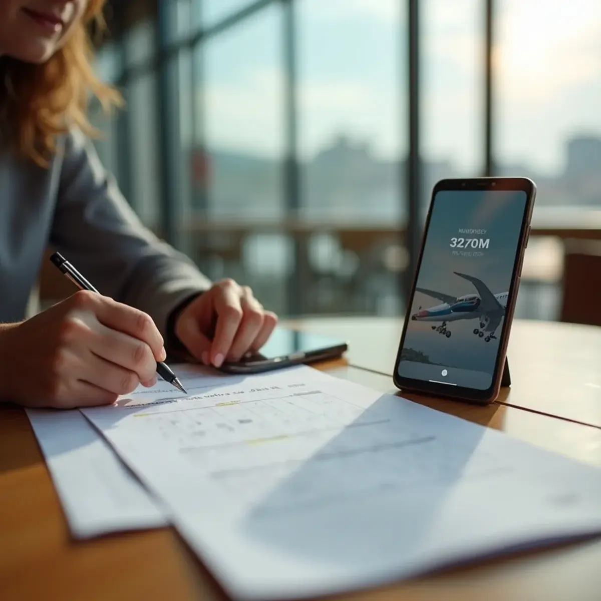 Flight deals: a traveler at a cafe table circling a date on a paper calendar next to a phone showing a flight price, bright window light