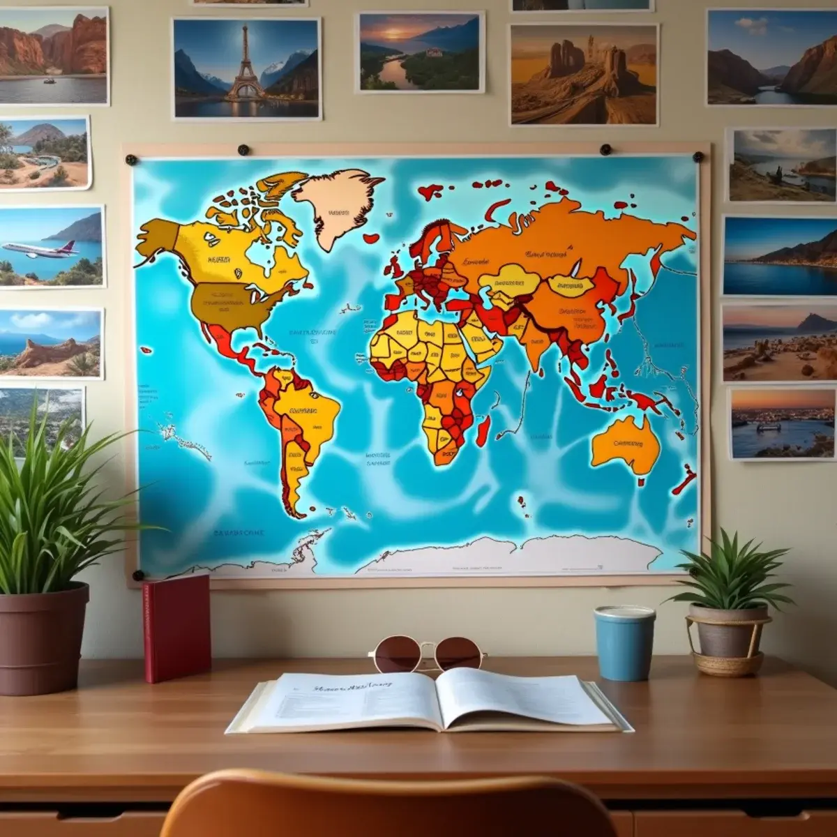 Cheap flights by destination: a wall of destination postcards and a world map on a wooden desk with a passport, sunglasses, and a coffee, overhead composition