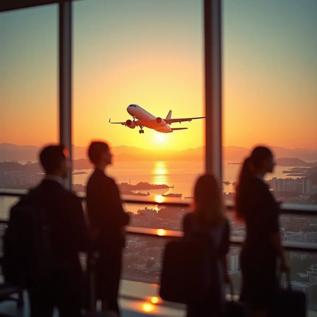 Cheap flights by origin city: a jet taking off over a coastal city at sunrise seen from a terminal window, silhouettes of travelers watching