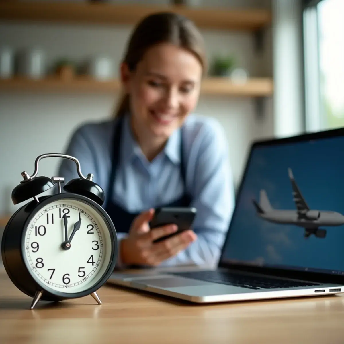 The 24-Hour Flight Cancellation Rule, Explained: a kitchen clock beside a laptop showing a flight confirmation, a hand reaching for a phone