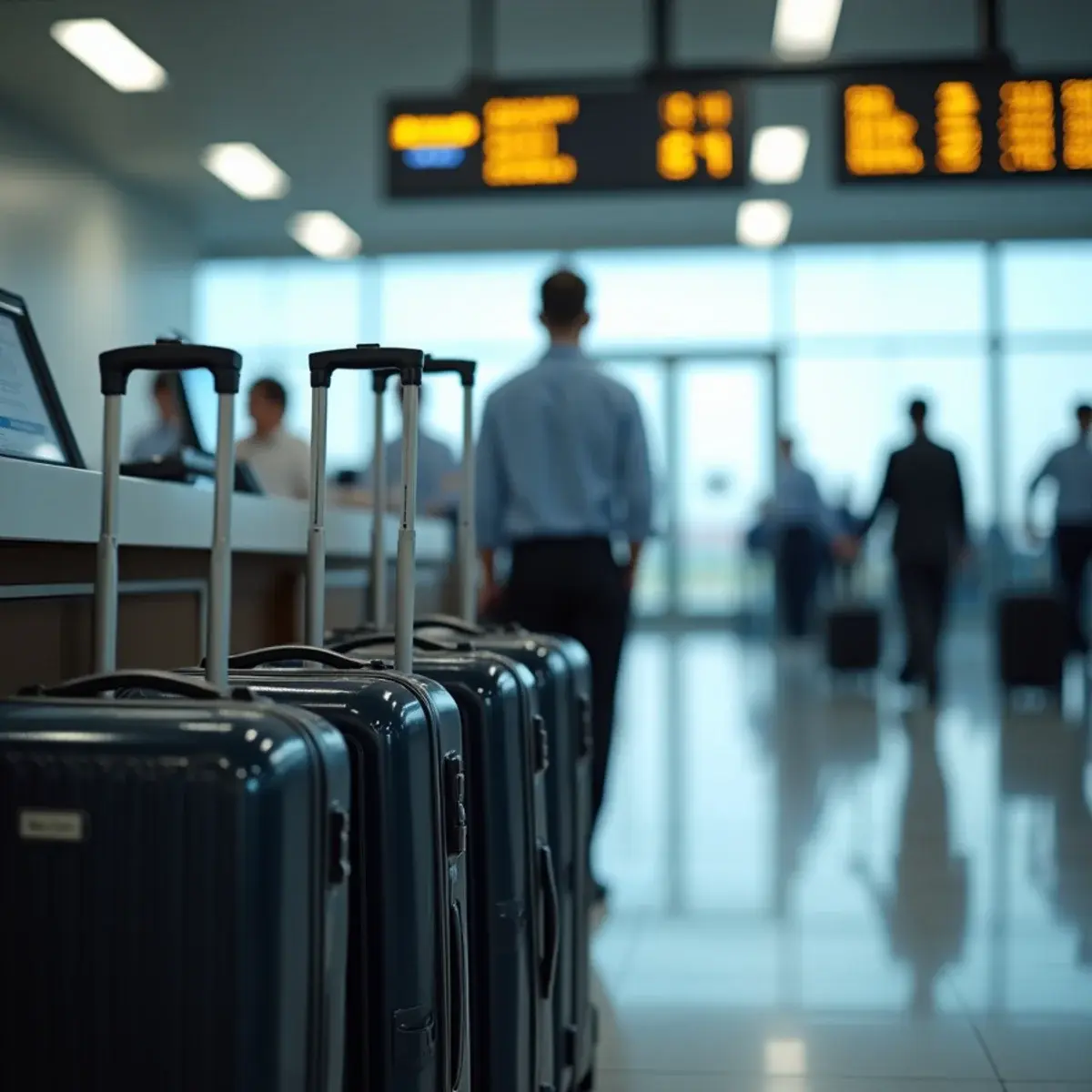 Checked Bag and Carry-On Rules Compared Across Airlines: a row of checked suitcases on a scale at an airport counter with a fee sign blurred, no readable text