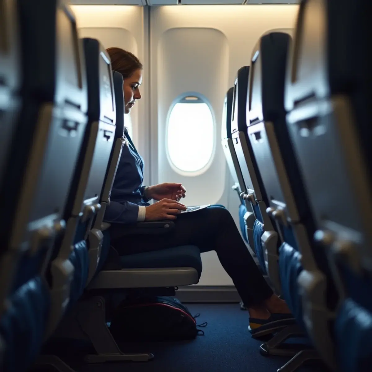 Basic Economy Explained: What You Give Up for the Lower Fare: an economy cabin overhead bins closed with a small under-seat bag at a passenger's feet