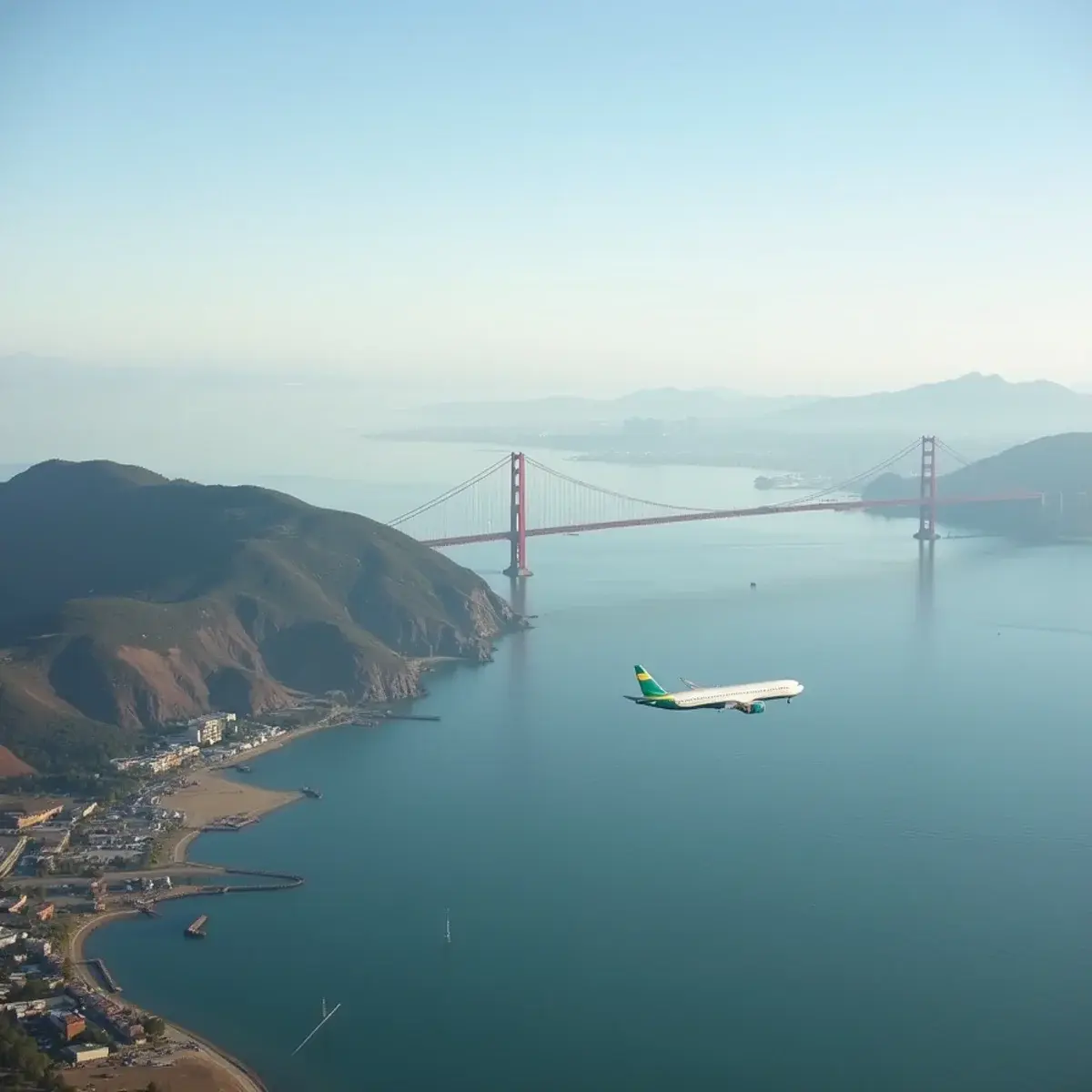 San Francisco, Oakland, or San Jose: Which Bay Area Airport to Fly Into: San Francisco Bay from an airport approach with the bay bridge and fog on the hills