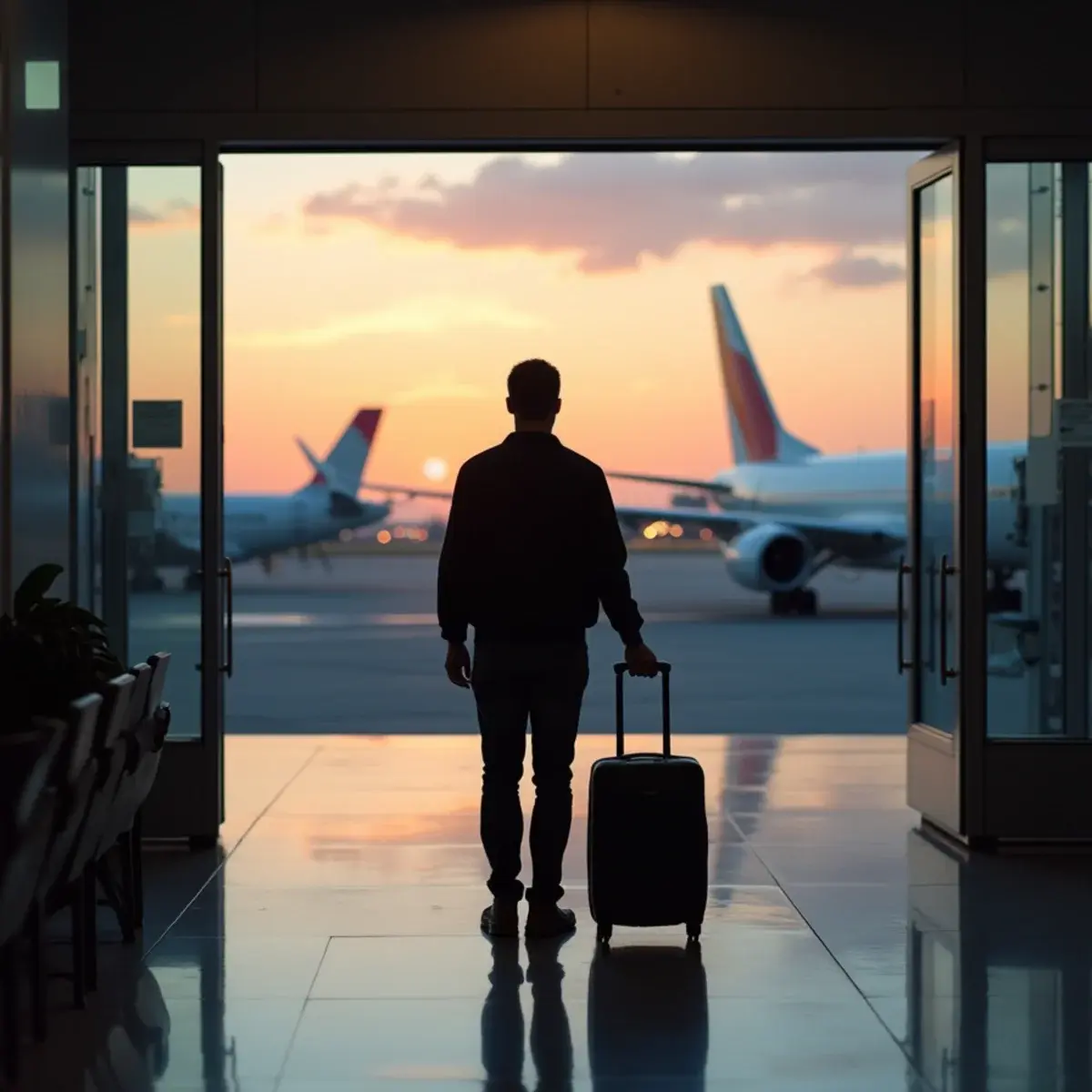 Airline Bereavement Policies: Who Still Offers Flexibility: a quiet airport gate at dawn with a lone traveler in dark clothing holding a small bag, respectful mood