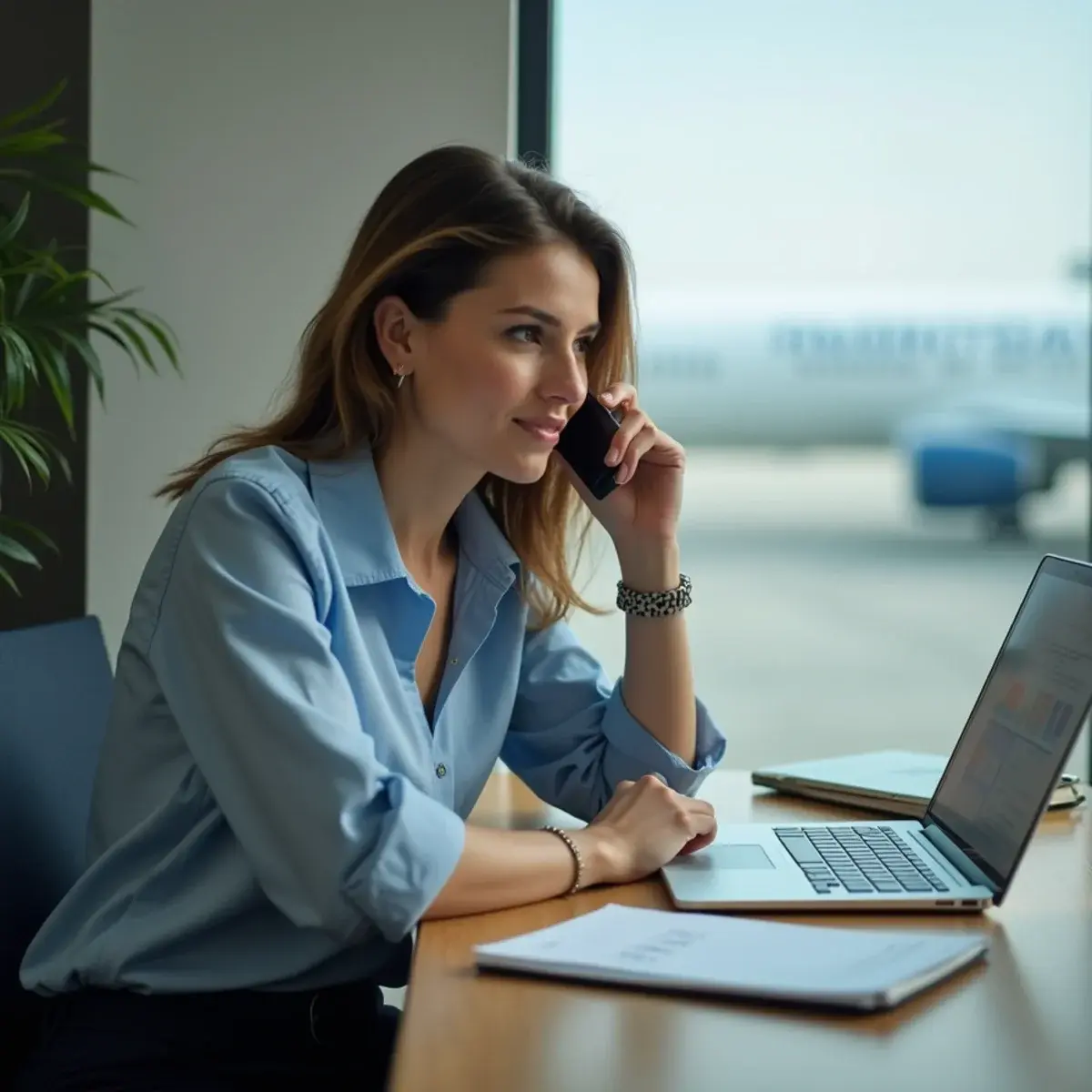 Booking a Flight by Phone vs Online: What Actually Differs: split scene: a person on a phone call with a notepad on one side of a desk and a laptop flight search on the other