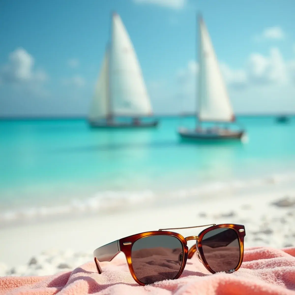 Caribbean Flights from the Northeast: Where the Nonstops Go: a Caribbean beach with white sand and a sailboat, a snowy Northeast street reflected in sunglasses on a towel