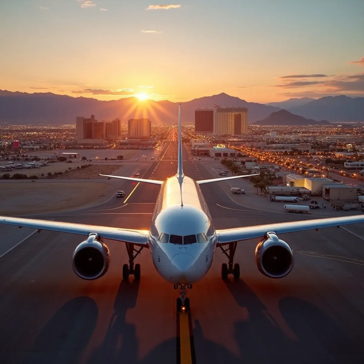 Cheap Flights to Las Vegas: Days, Months, and Airlines That Price Lowest: Las Vegas Strip at dusk from an airport approach, desert mountains behind