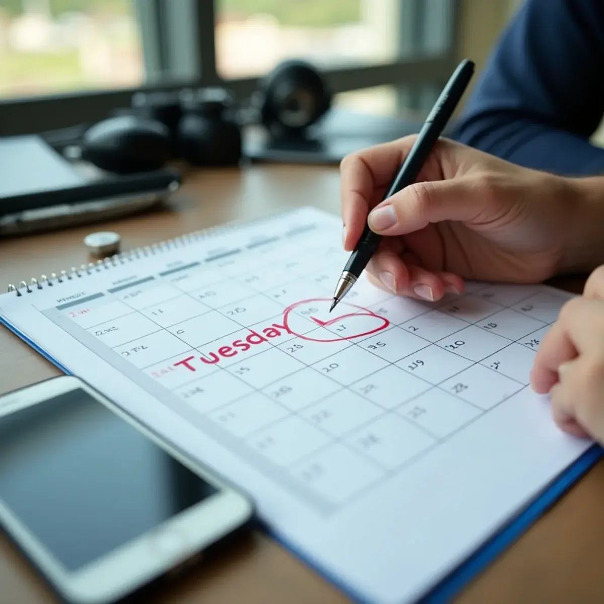 The Cheapest Days to Fly, and Why: a weekly paper calendar on a desk with Tuesday circled in pen, a phone showing a flight price beside it