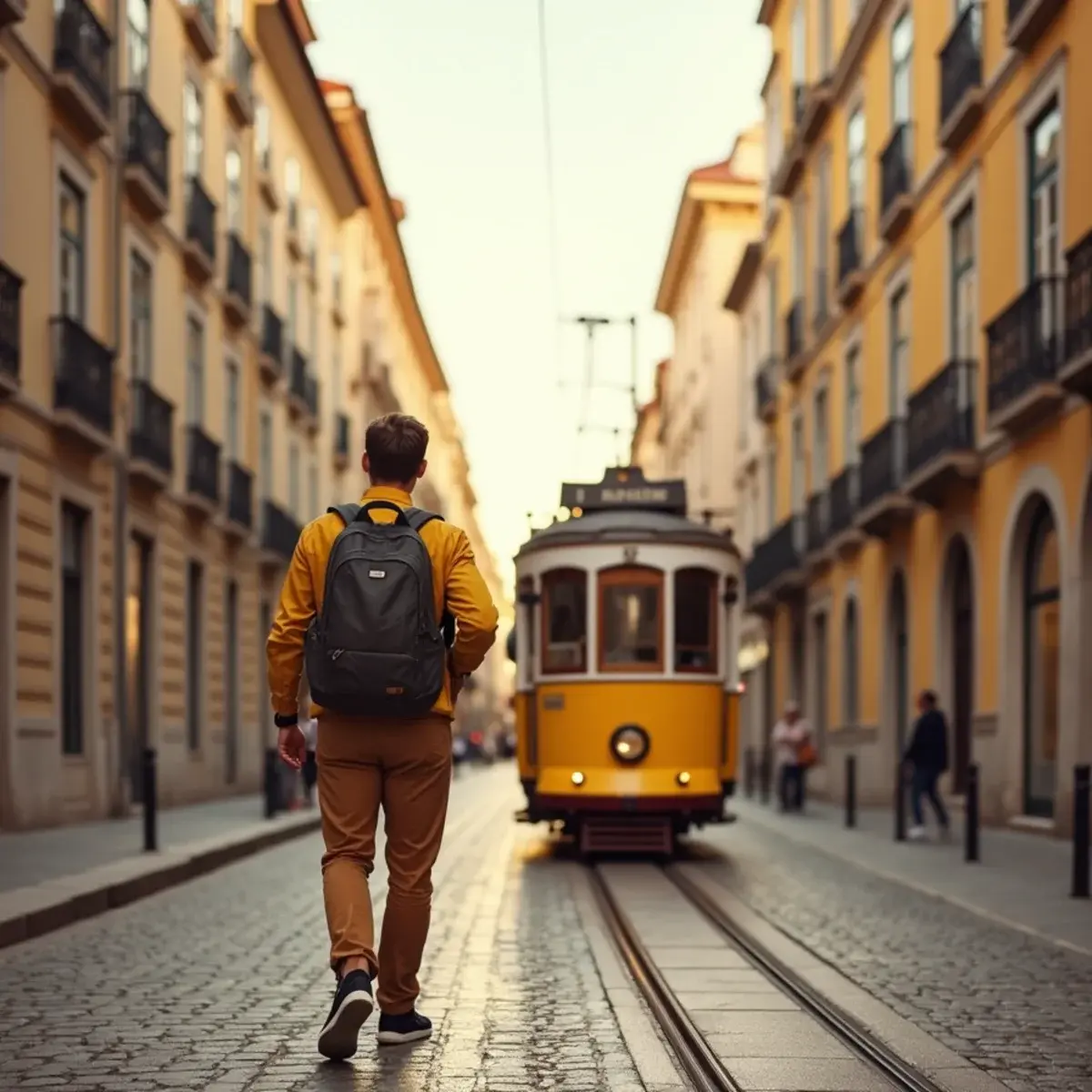 The Cheapest European Cities to Fly To from the US: Lisbon tiled street with a yellow tram and a traveler with a backpack, warm light