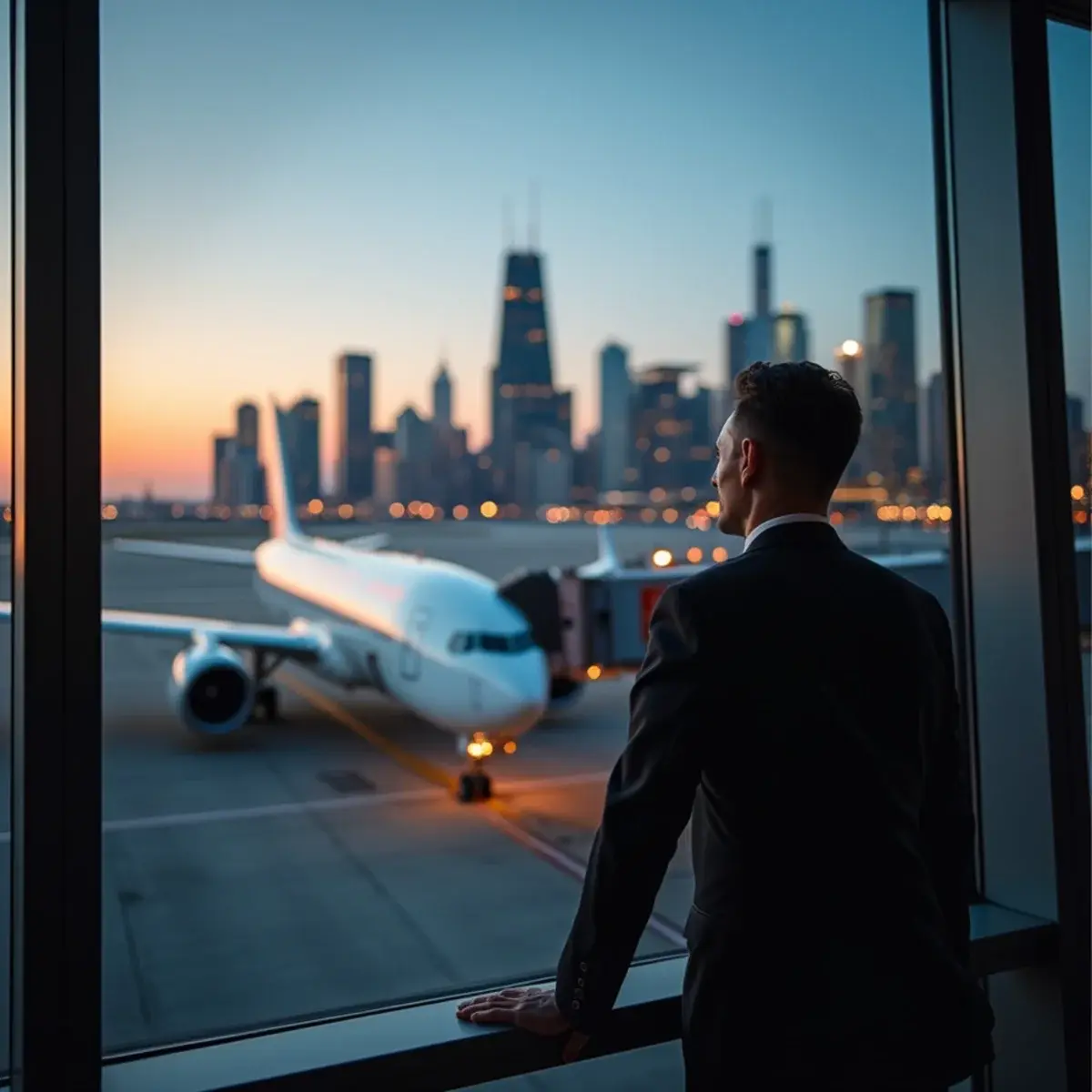 Chicago O'Hare vs Midway: Which Airport to Fly From: Chicago skyline at dusk seen from an airport window with a jet at the gate
