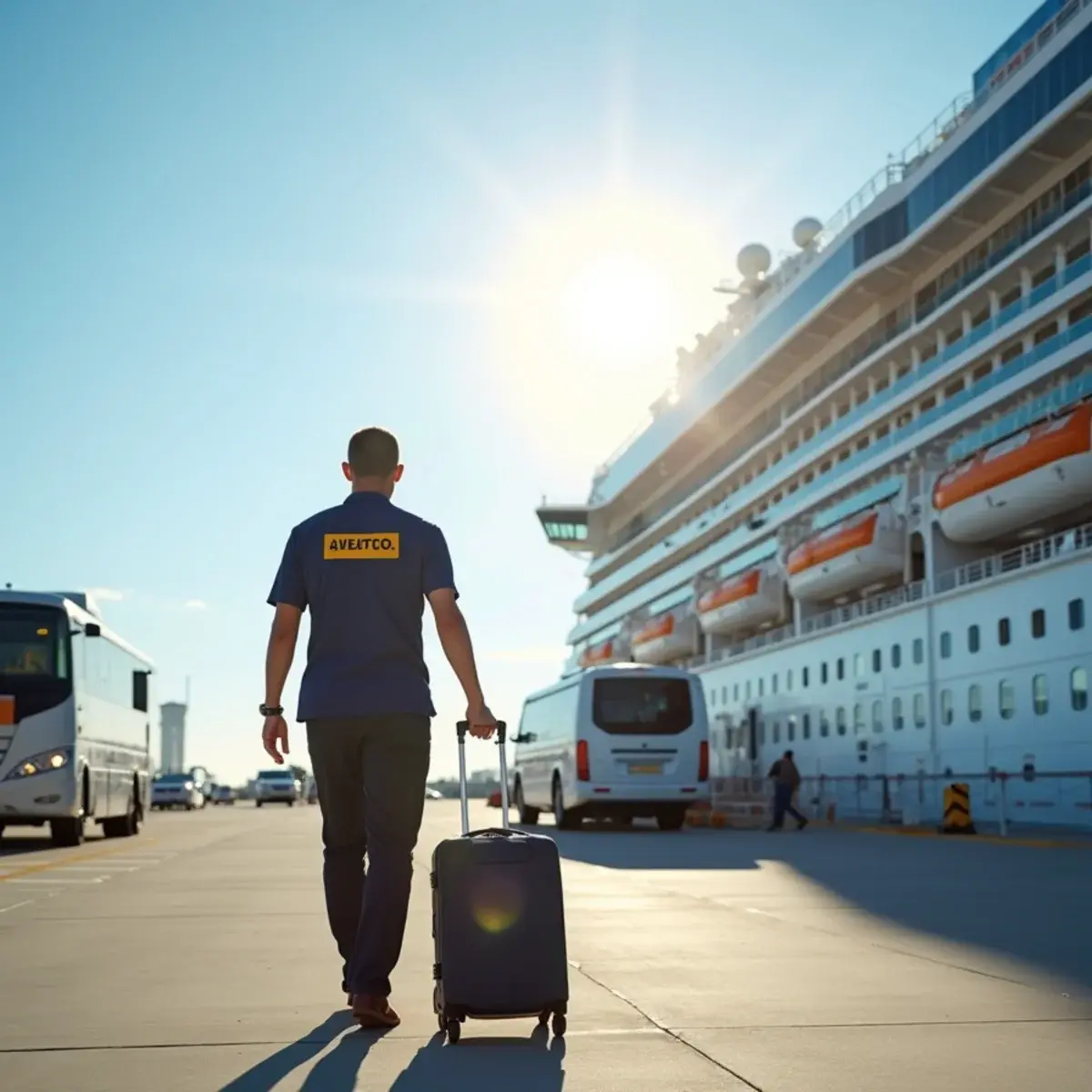 The Right Airport for Every Major US Cruise Port: a cruise ship at a Florida port terminal with an airport shuttle bus unloading luggage, bright sun