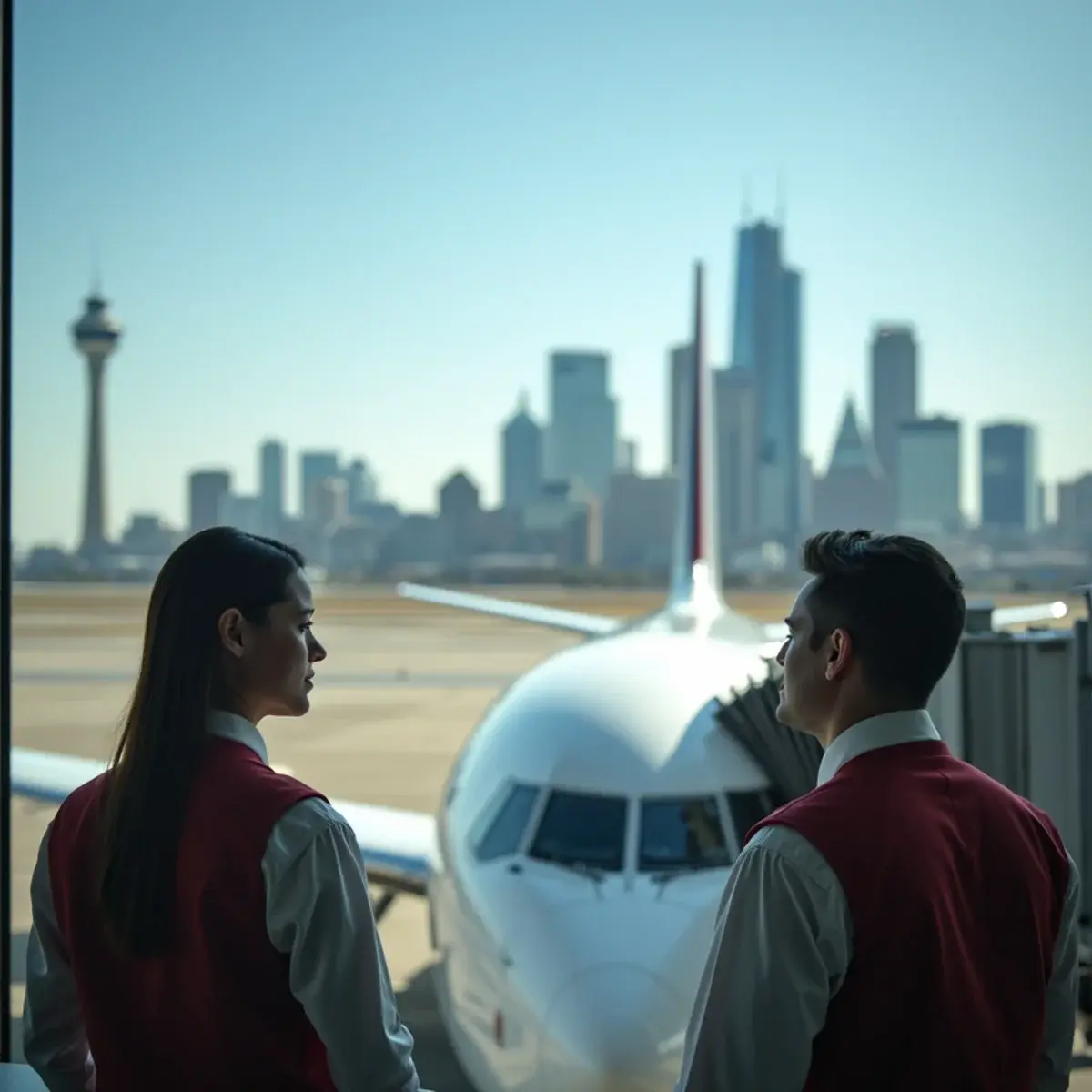 DFW vs Love Field: Which Dallas Airport to Fly From: Dallas skyline with Reunion Tower from an airport window, jet at the gate