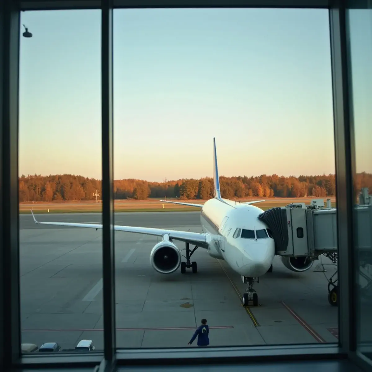 Fall Shoulder Season: The Cheapest Weeks of the Year to Fly: an airport window with autumn trees outside and a nearly empty gate area, calm afternoon