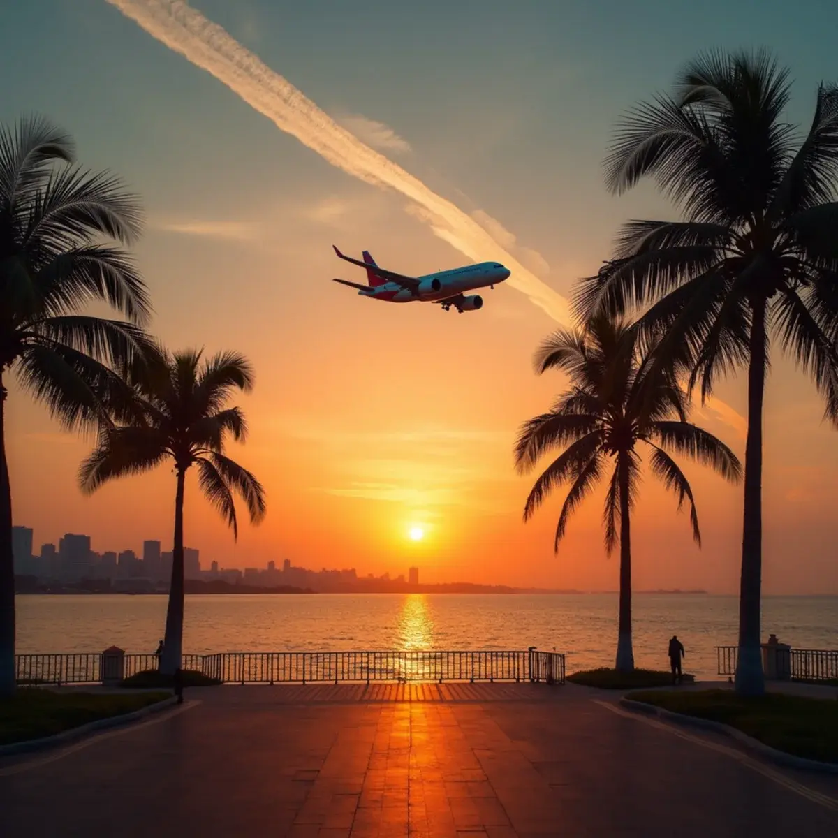 Flights to the Philippines from the US: Routes, Carriers, and Timing: Manila Bay sunset with palms and a jet contrail overhead