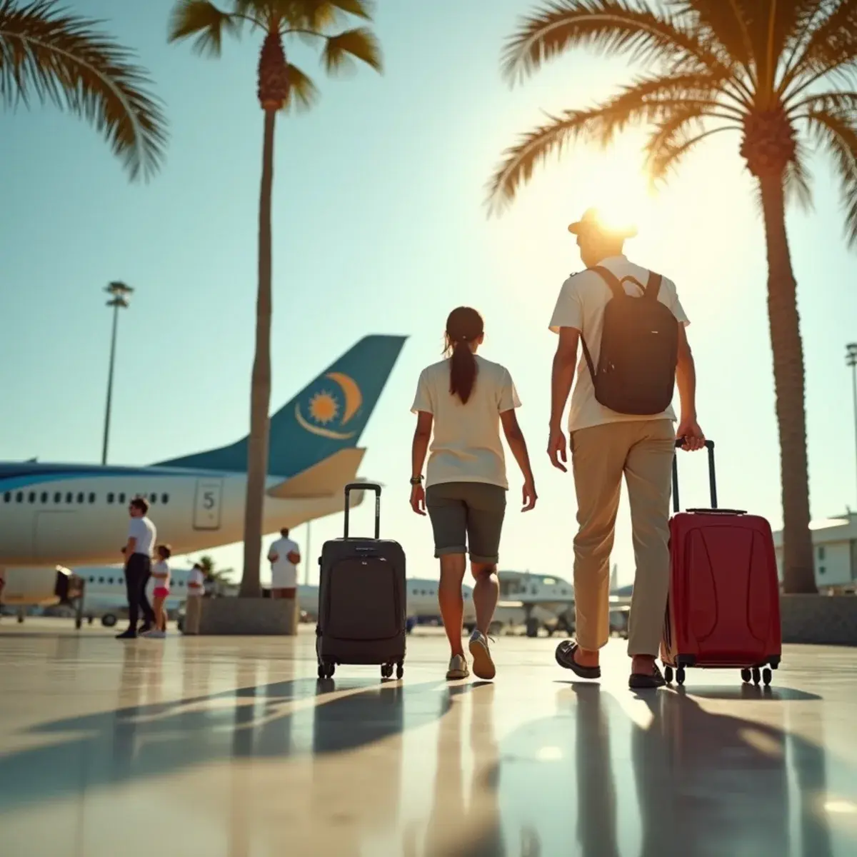 Which Florida Airport to Use for the Theme Parks: a family with theme-park bags at Orlando airport arrivals under palm trees, bright sun
