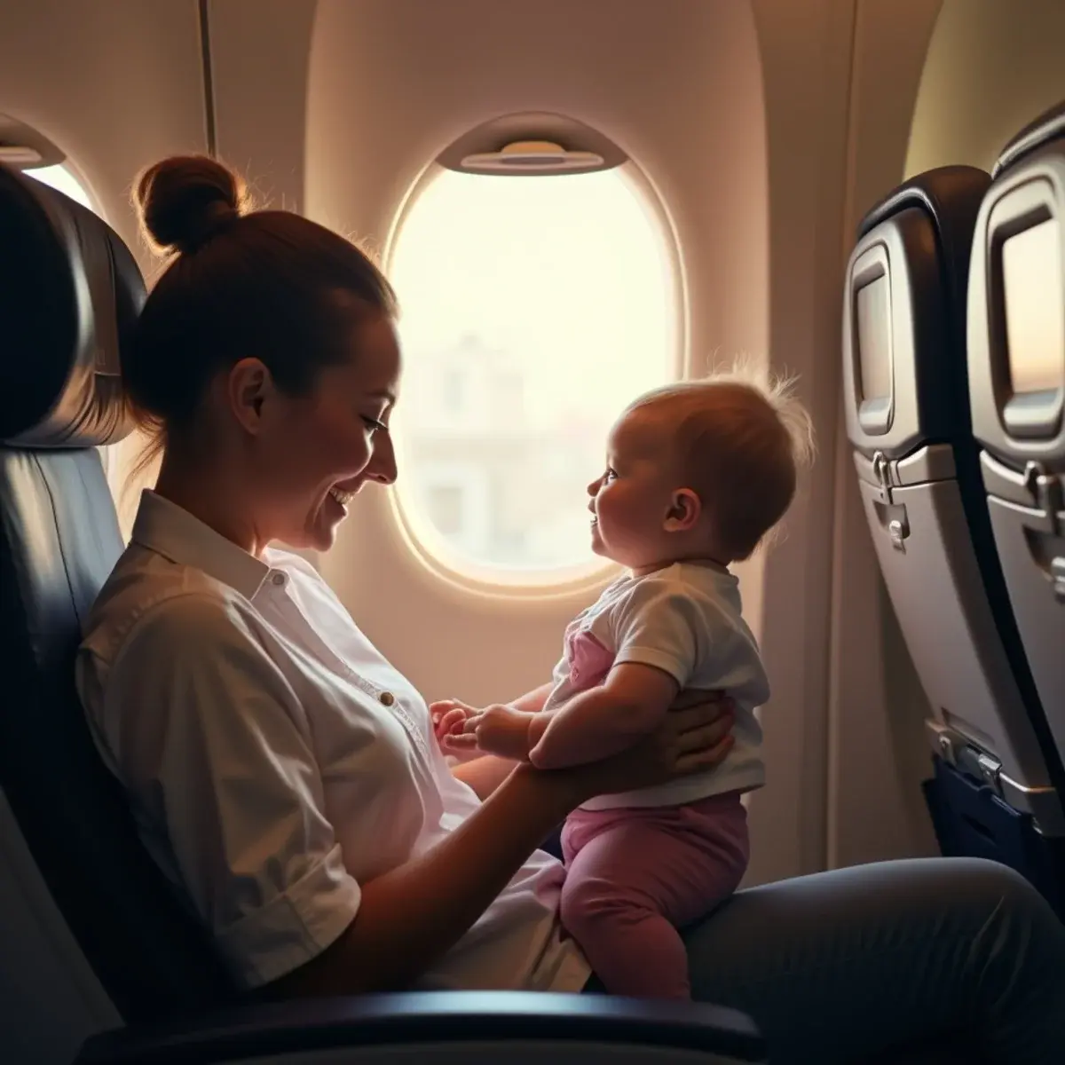 Flying with a Baby: Lap Infant Rules, Fees, and Seats: a parent holding a baby in an airplane seat by the window, soft cabin light