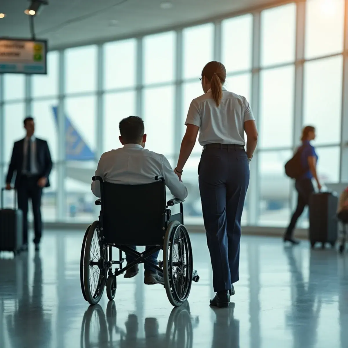 Flying with a Wheelchair or Mobility Device: What to Request and When: an airport assistant in plain workwear pushing a traveler in a wheelchair toward a gate, daylight