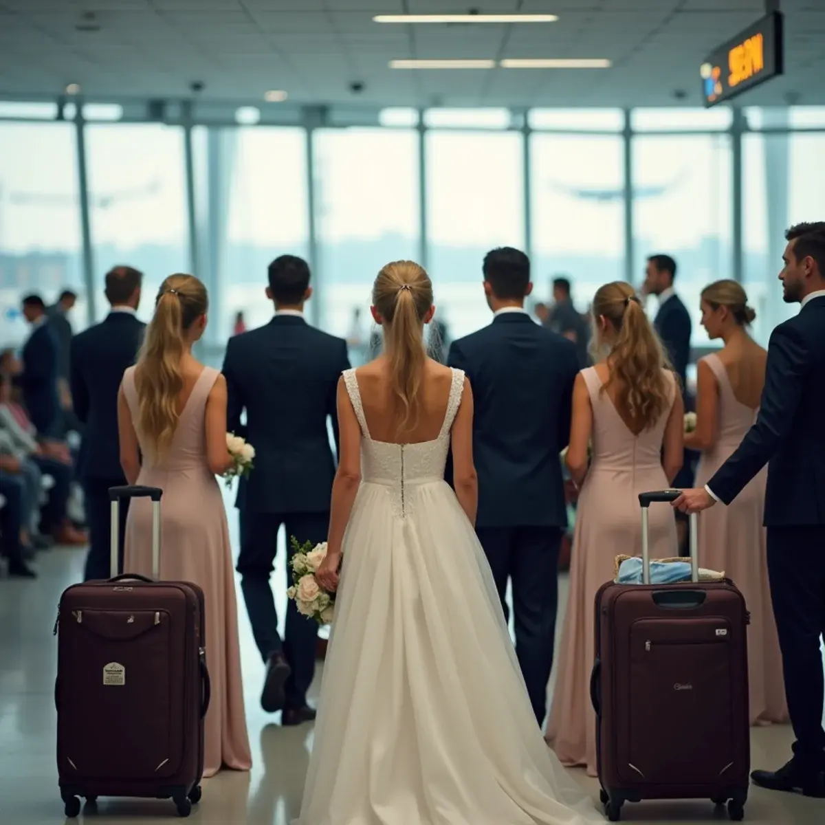 Group Flight Bookings: How Blocks, Deposits, and Name Lists Work: a wedding party with matching luggage tags gathered at an airport check-in area