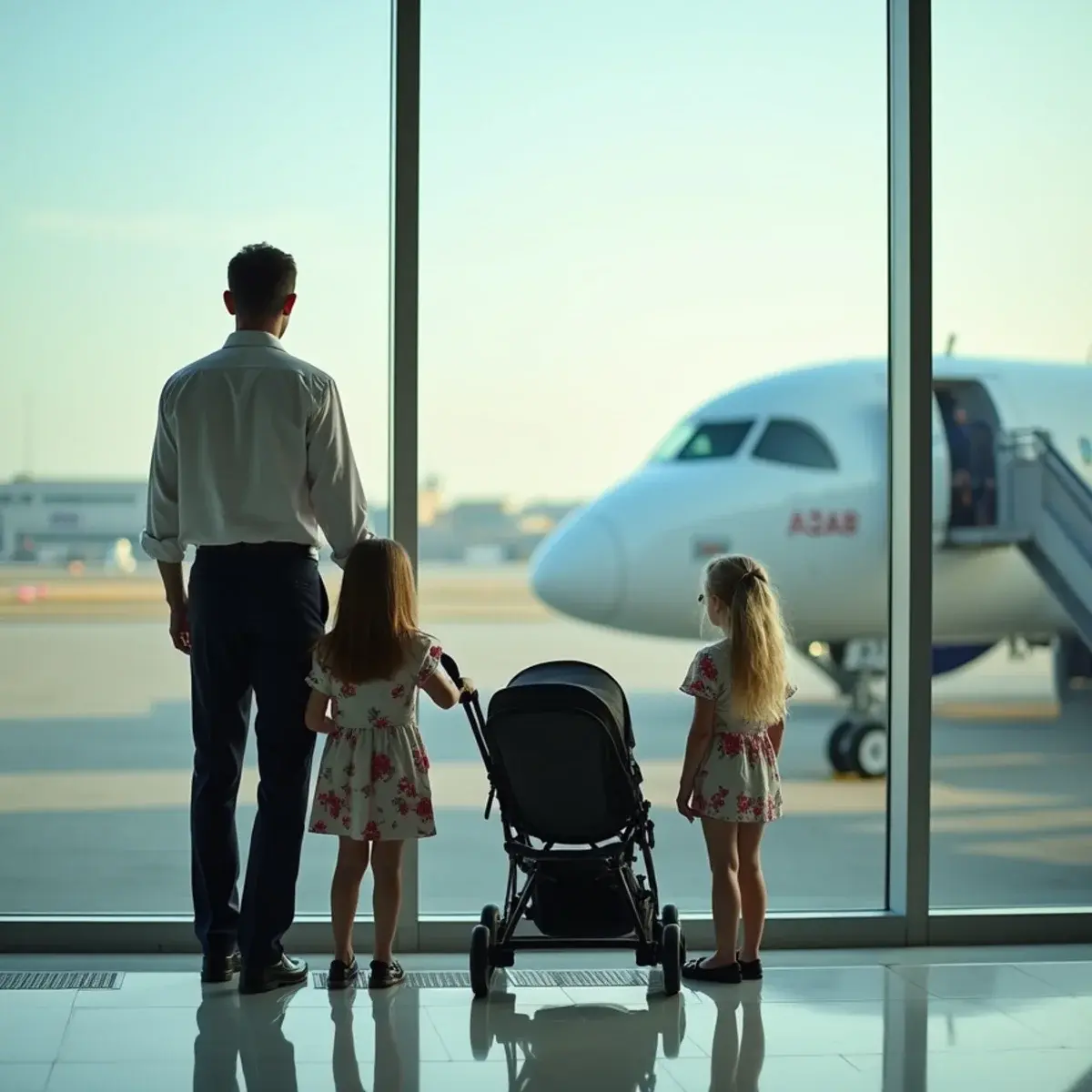 Holiday Flights with Kids: Seats Together, Timing, and Backup Plans: a parent with two children and a stroller at an airport gate, kids looking out at a plane