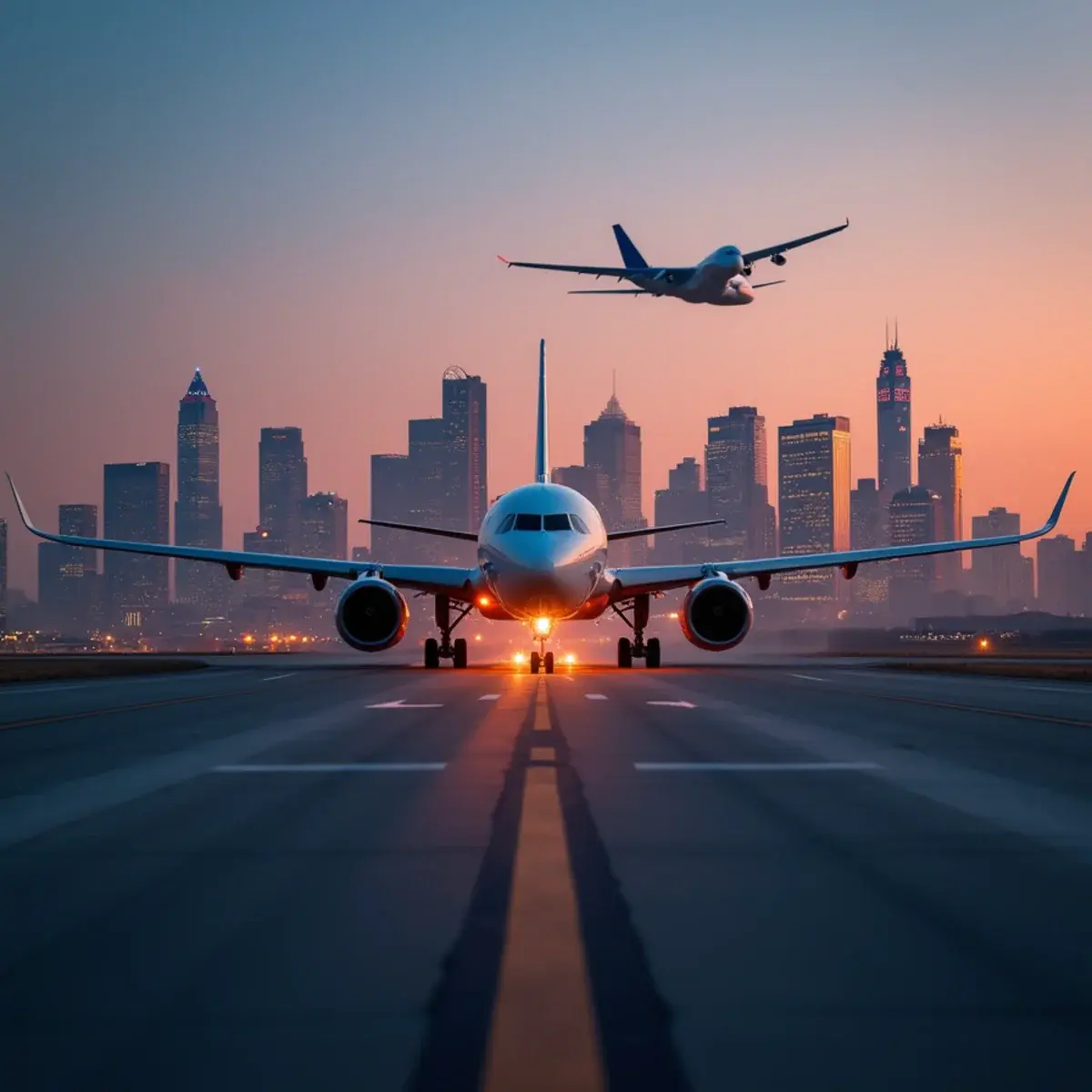 Houston Hobby vs Bush Intercontinental: Which Airport to Fly From: Houston skyline at dusk from an airport approach with a jet on final