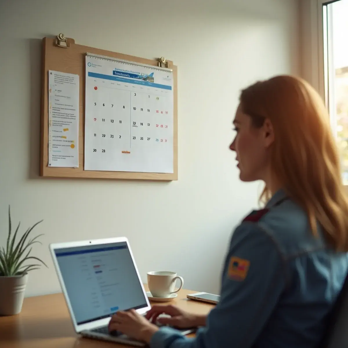 How Far Ahead to Book a Flight: a wall calendar with a travel date flagged weeks ahead, a laptop with a fare chart, morning light