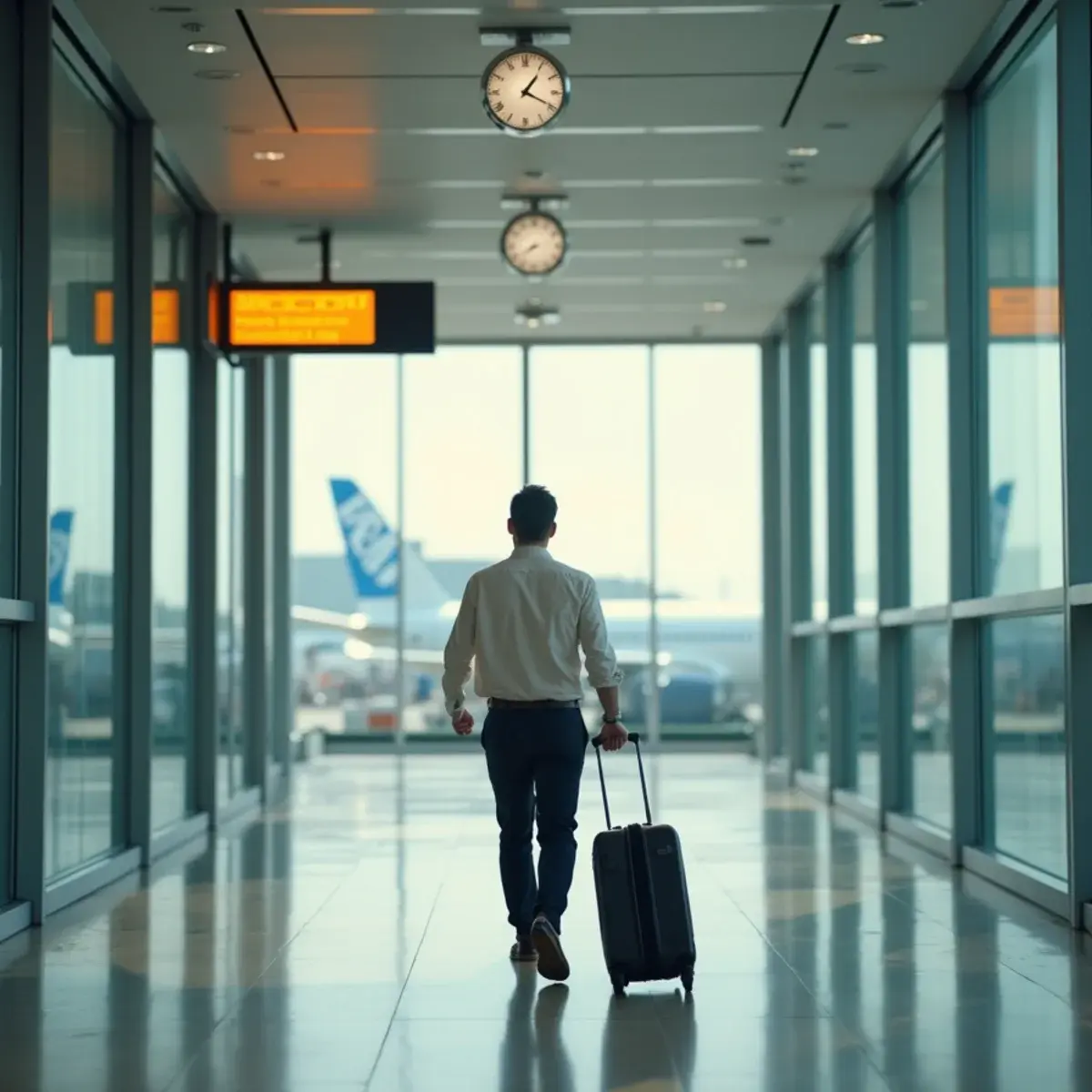 How Much Connection Time You Need, Airport by Airport Type: a traveler walking briskly through a long airport connector with a clock and gate signs overhead