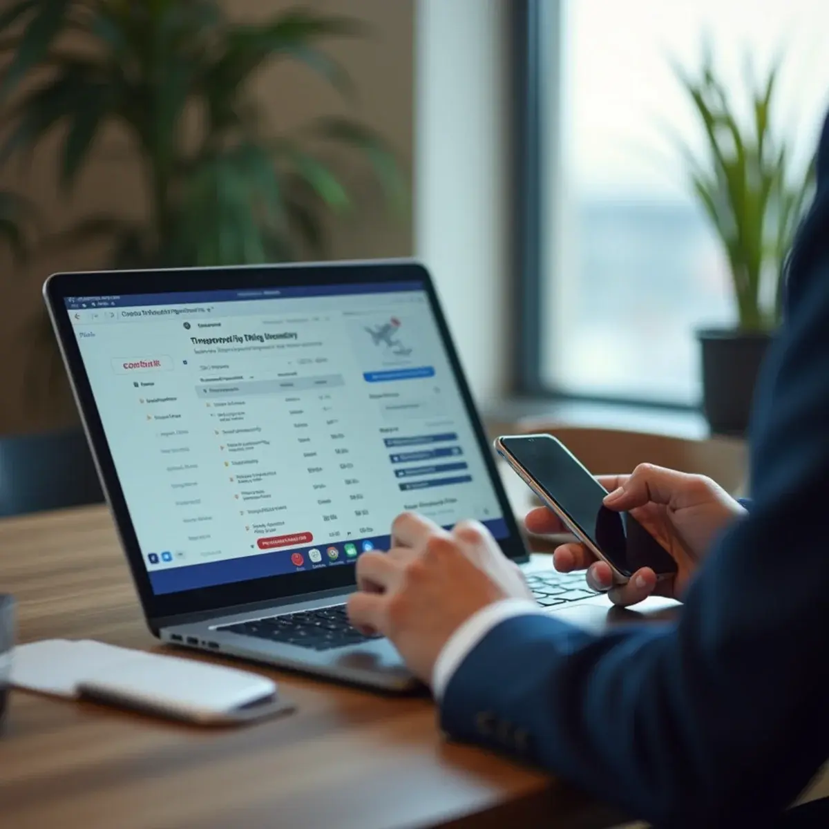 How to Change a Flight You Booked Online: a laptop showing a flight itinerary with a phone beside it mid-call, home office desk