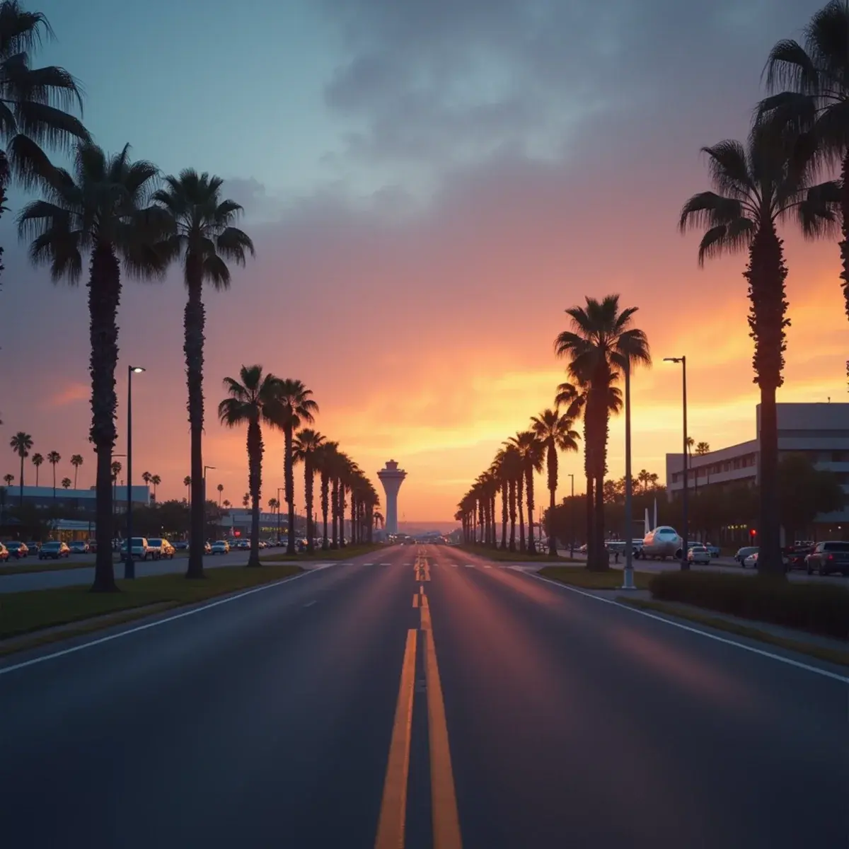 LAX, Burbank, Long Beach, or Orange County: Which Los Angeles Airport: LAX-style airport approach road with palms and the iconic theme building silhouette at dusk