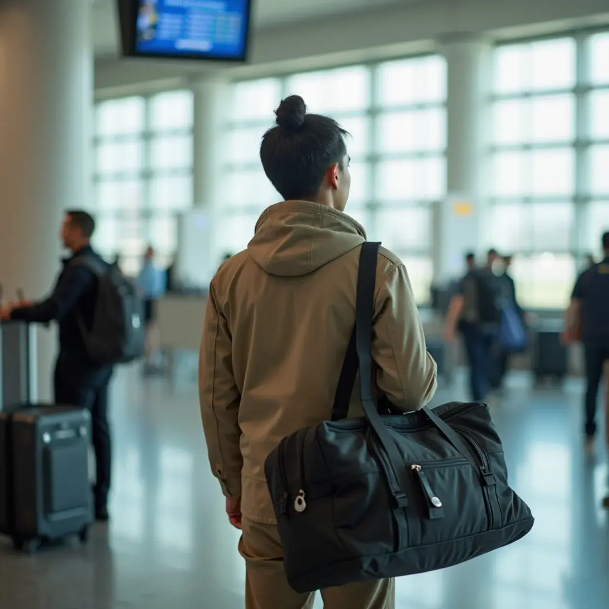 Military Fares and Baggage Allowances: What US Carriers Offer: a person in plain civilian clothes with a large duffel at an airport counter, no insignia