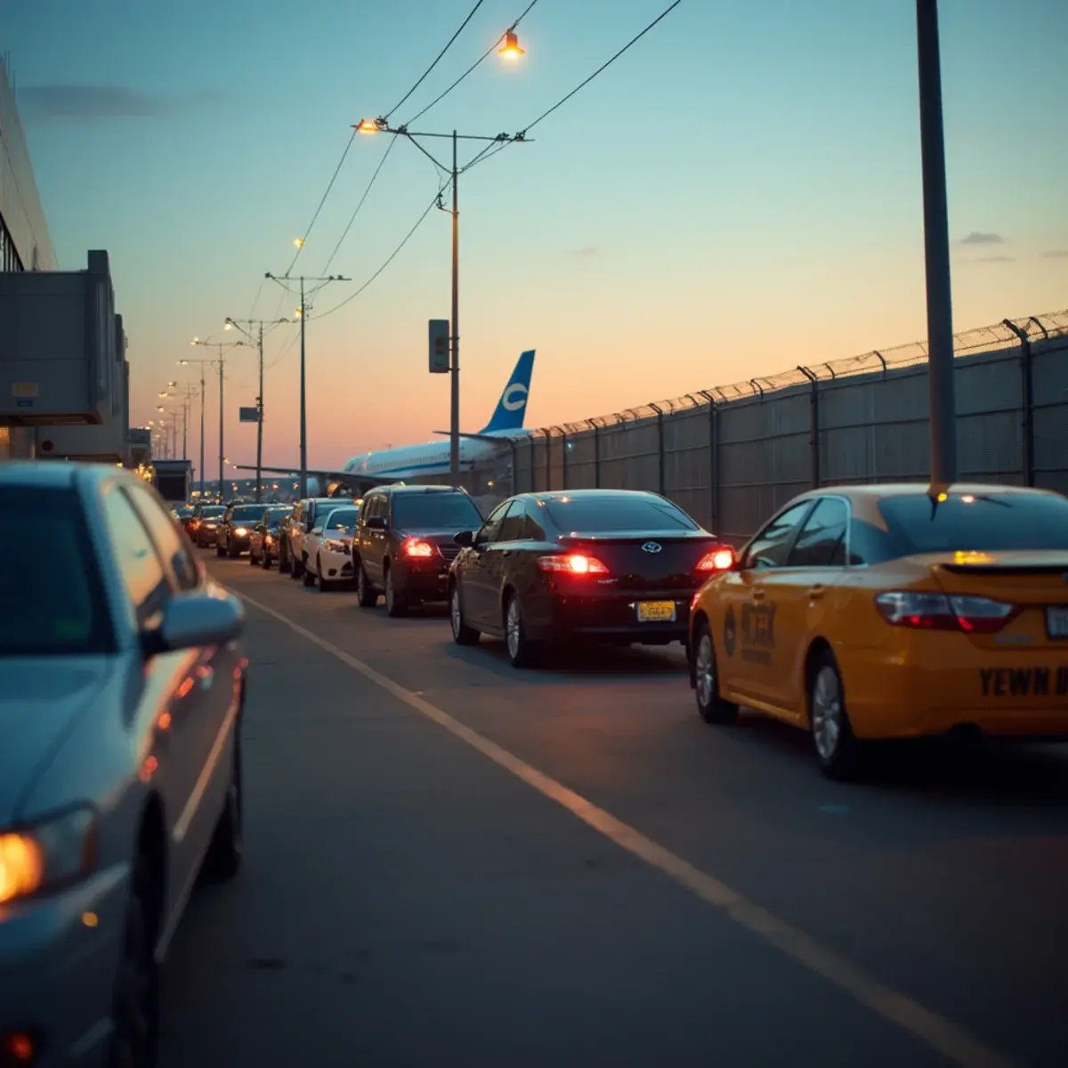 JFK, LaGuardia, or Newark: Which New York Airport to Fly From: JFK terminal exterior with taxis lined up at dusk and a jet tail beyond the fence