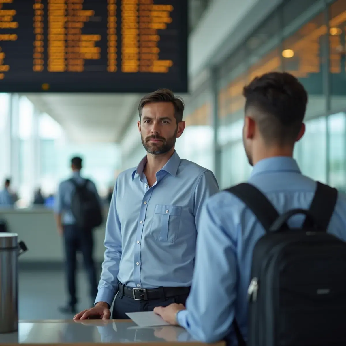 Same-Day Flight Changes: How Each Airline Handles Them: an airport gate agent in plain uniform at a counter with a traveler holding a boarding pass, departures board behind