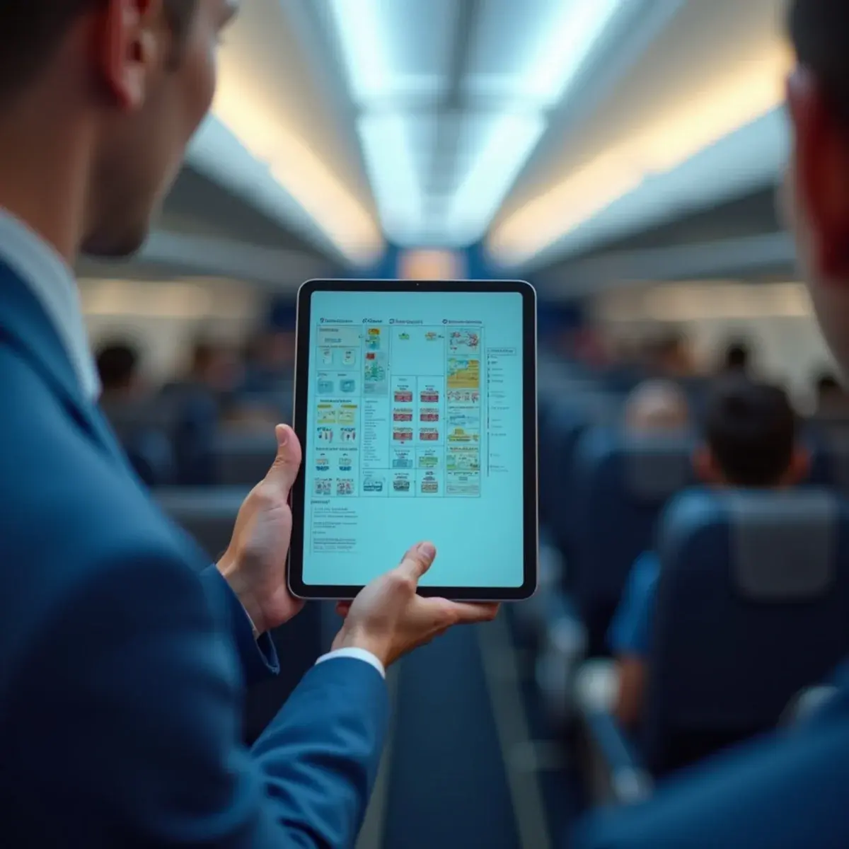Seat Selection Fees: When You Pay, When You Don't, and Sitting Together: an airplane seat map on a tablet screen held over a cabin aisle, seats visible