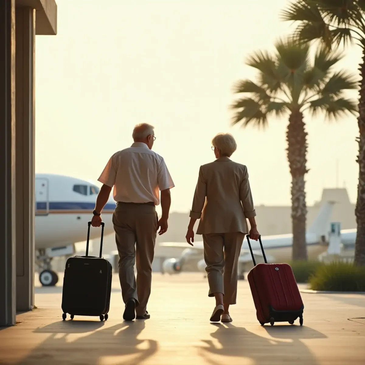 The Snowbird Flight Guide: Northeast and Midwest to Florida and Arizona: an older couple with suitcases stepping into Florida sunshine outside an airport with palms