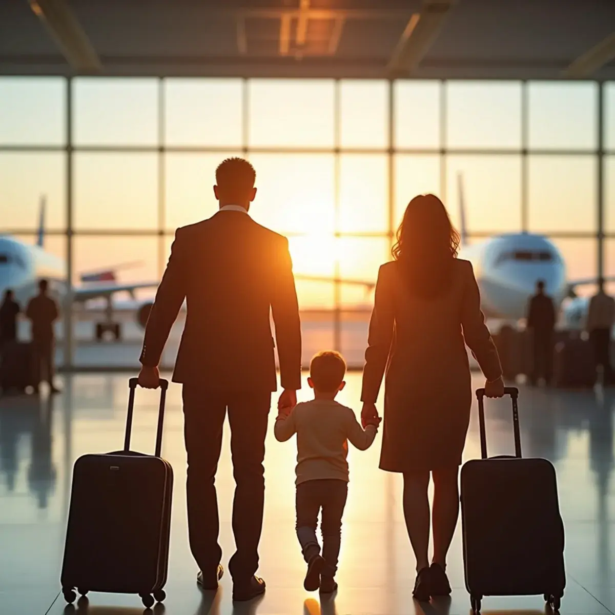 Summer Flights to India and Pakistan: Carriers, Bags, and Booking Windows: a family with large suitcases at an airport check-in for a long-haul flight, warm light