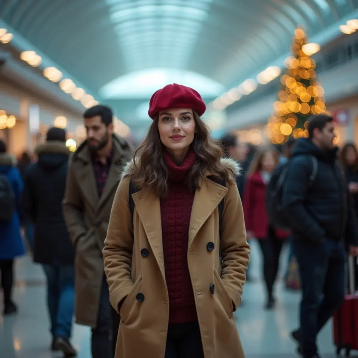 When to Book Thanksgiving and Christmas Flights: a crowded airport terminal in late November with travelers in coats and a decorated tree