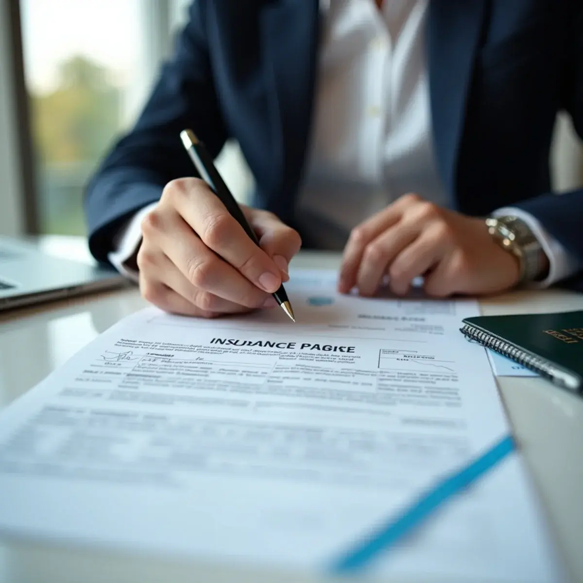 Travel Insurance vs a Flexible Fare: Which One Actually Protects You: a printed insurance policy beside a boarding pass and passport on a desk, pen in hand
