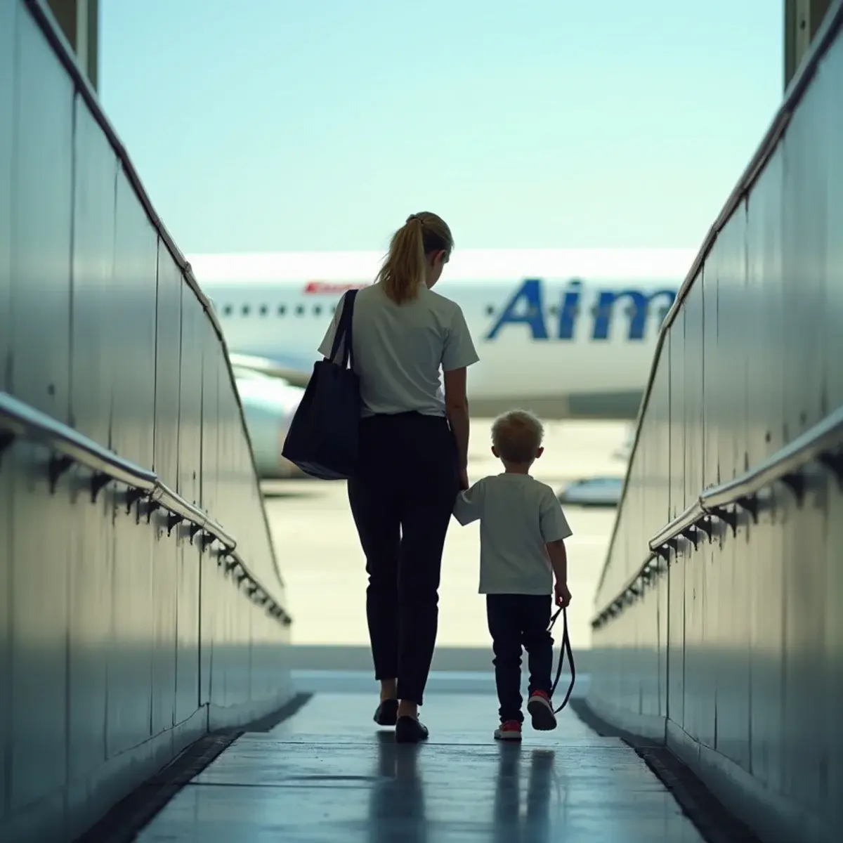 Unaccompanied Minor Rules and Fees by Airline: a gate agent in plain uniform escorting a child with a lanyard down a jet bridge