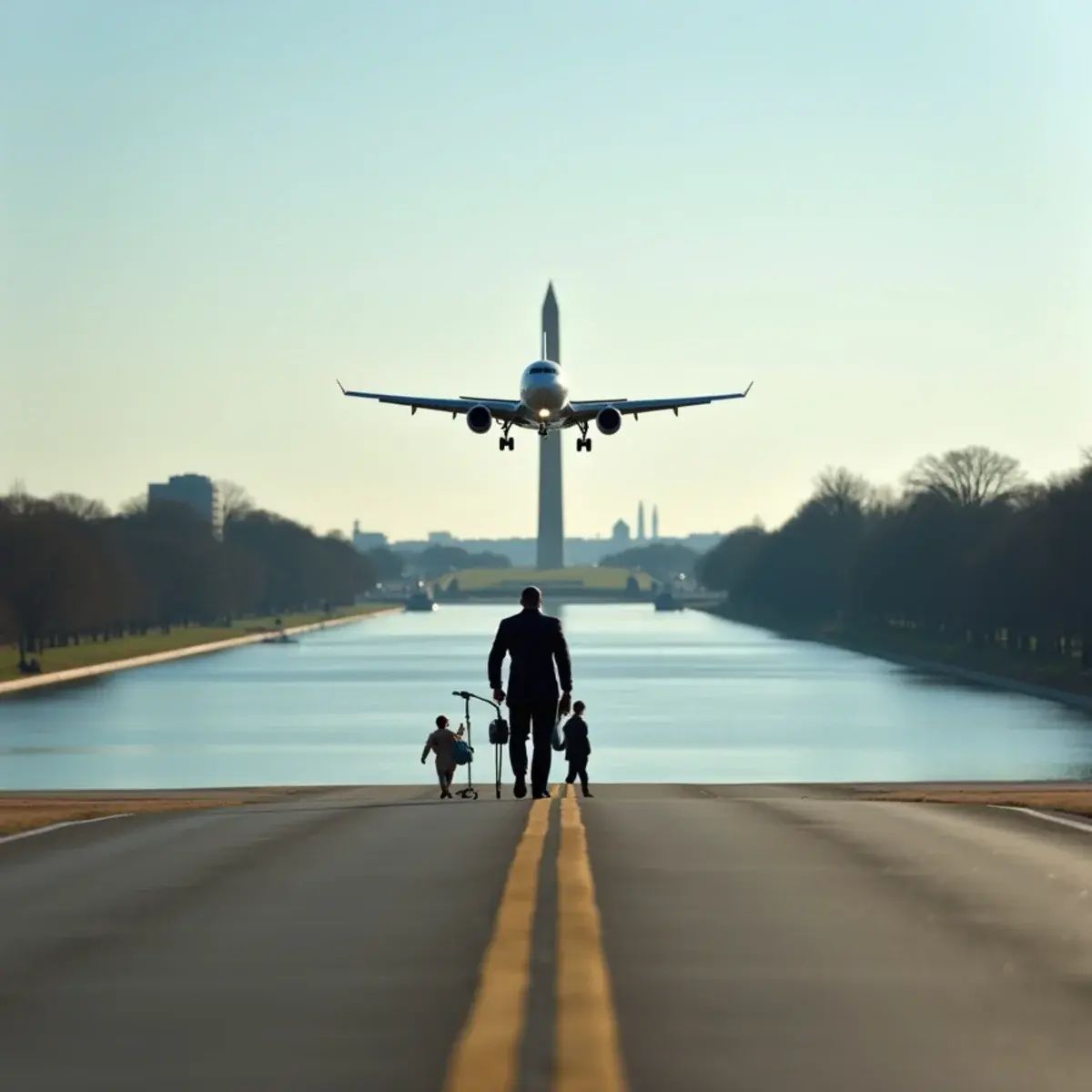 Reagan, Dulles, or BWI: Which Washington Airport to Use: a jet on approach over the Potomac with the Washington Monument in the distance