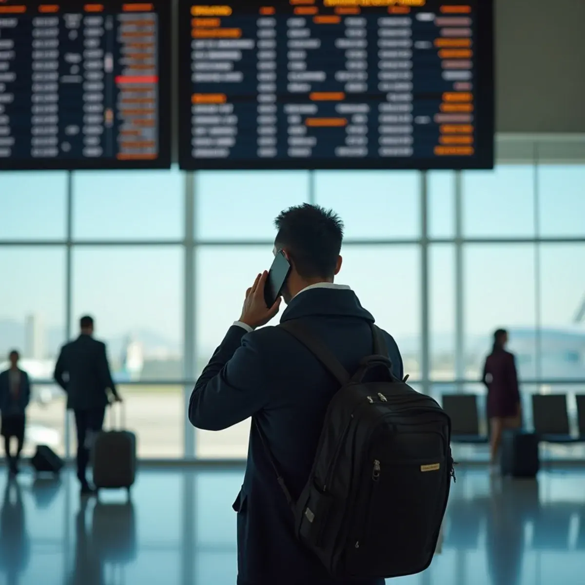 Your Flight Was Cancelled: Rights, Refunds, and Rebooking: a traveler at an airport looking at a departures board with cancelled flights, phone to ear, calm