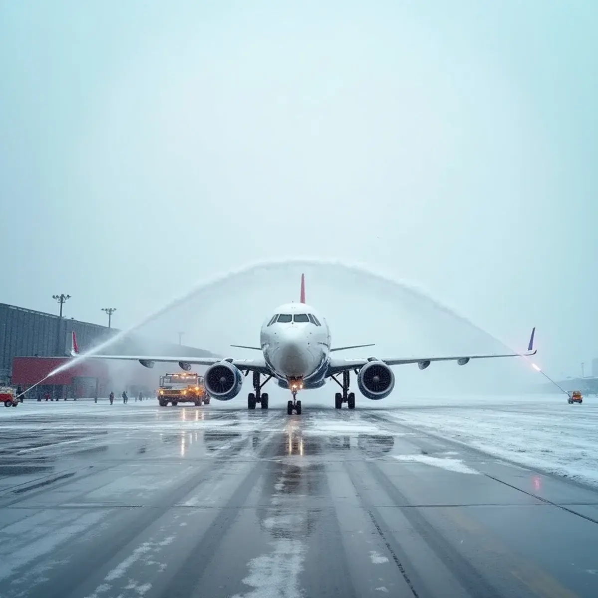 Winter Storm Flight Waivers: How to Change Your Flight for Free Before the Snow: a snow-covered airport apron with de-icing trucks spraying a jet, travelers watching from the terminal